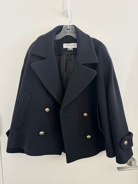 Gerard Darel Black Double-Breasted Cropped Pea Coat with Gold Buttons